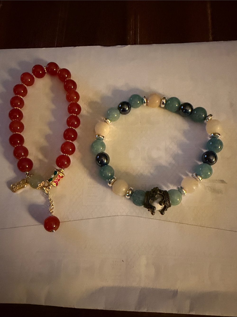 Oriental Beaded Stretch Bracelets Set - Red and Teal Accent
